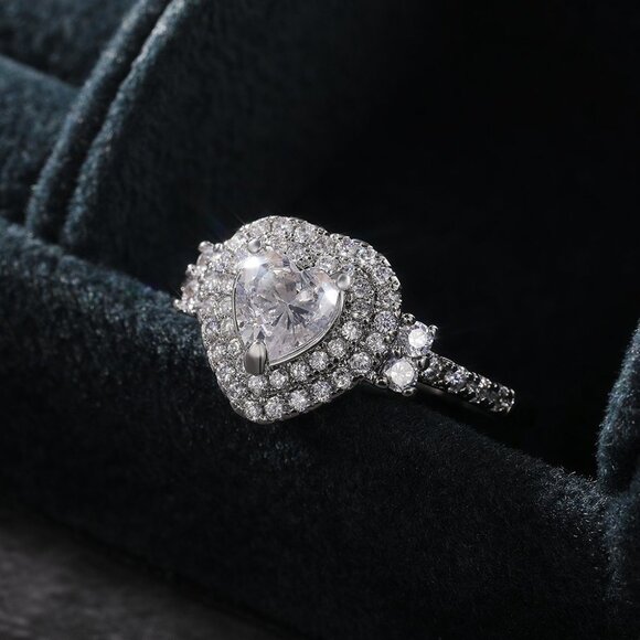 PANDORA Silver Heart Ring 😍Diamond Heart CZ Shiny 14k White Gold Luxury Macro Pave Ring for Women, K852